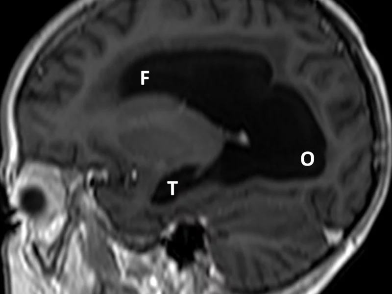 B. Sagittal 3D FFE image post contrast shows enlargement of the frontal (F), occipital (O), and temporal (T) horns of the left lateral ventricle. Blurring is due to motion artifact.